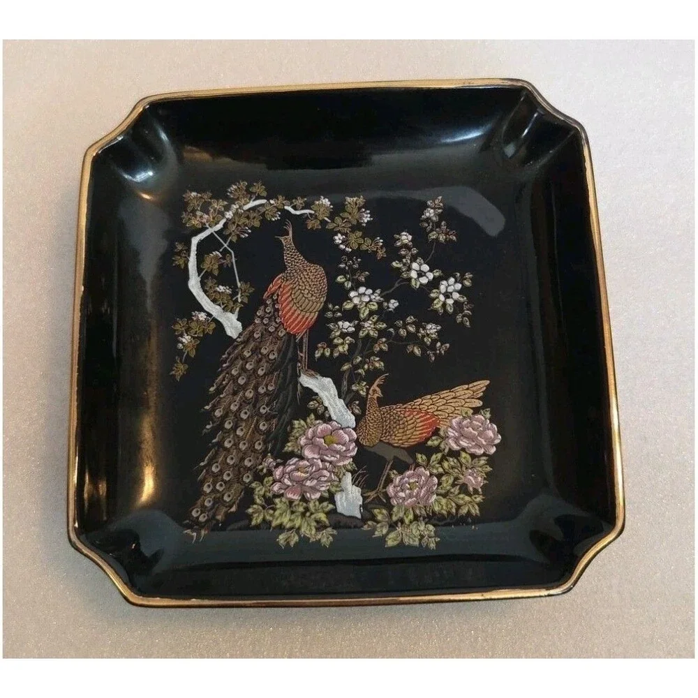 Vtg OMC Japan Peacock Square Porcelain Oriental Tray Candy Dish Black 24kt Inlay